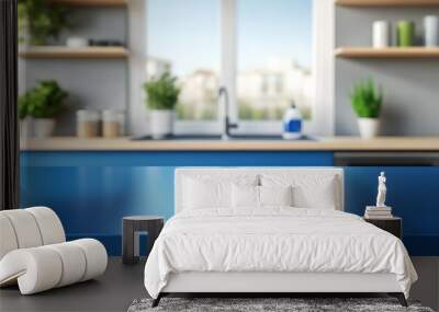  Kitchen with an empty blue countertop against a blurred background of a modern interior. Tabletop for product presentation. Clean mockup for food or laundry detergent, washing.  Wall mural