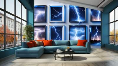  Lightning frames, blue electric borders of rectangular and square shapes with thunder bolt effect. Isolated photo frames with thunderbolt impact, magical energy flash, realistic 3D vector bolts set  Wall mural