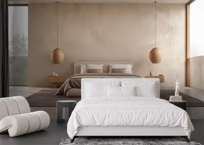  Minimalist interior design of modern bedroom with beige stucco wall.  Wall mural