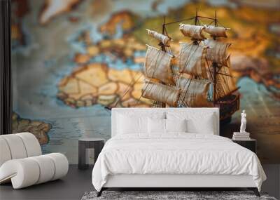  Old sailing ship model on world map , exploration and explorer concept image  Wall mural