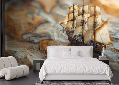  Old sailing ship model on world map , exploration and explorer concept image  Wall mural