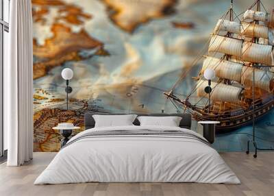  Old sailing ship model on world map , exploration and explorer concept image  Wall mural