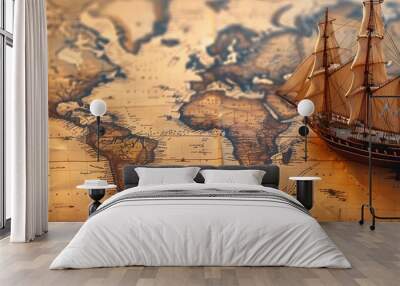  Old sailing ship model on world map , exploration and explorer concept image  Wall mural