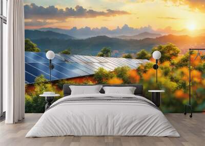  Panel solar energy photovoltaic power roof sun home cell system green house eco industry. Solar energy building panel future electric engineer technology ecology sunset nature station sky light work  Wall mural