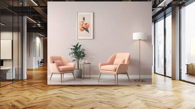  Peach fuzz trend color year 2024 in the luxury Livingroom. Painted mockup gray wall for art, peach apricot beige pastel chair color. Modern room design interior home. Accent premium lounge. 3d render Wall mural