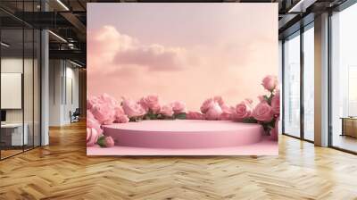  Podium background flower rose product pink, 3d spring table beauty stand display, nature white. Garden rose floral summer background podium cosmetic, valentine, Easter, field scene gift purple day  Wall mural