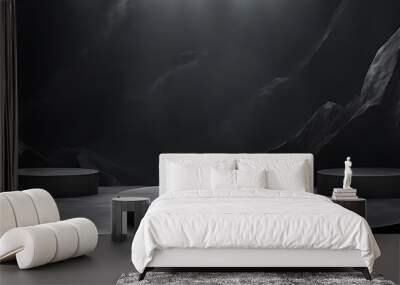  Podium black dark smoke background product platform abstract stage texture fog spotlight. Dark black floor podium dramatic empty night room table concrete wall scene place display studio smoky dust  Wall mural