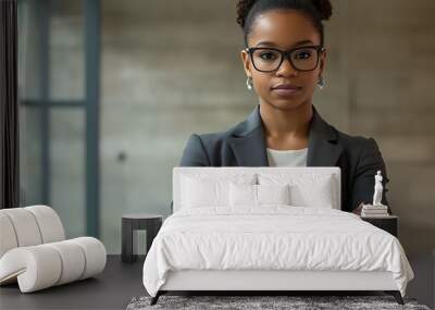  Portrait of a young African American woman standing in an office center wearing a suit and glasses, crossing her arms over her chest and looking confidently at the camera  Wall mural