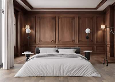  Premium style, an empty room with wooden boiserie on the wall featuring walnut wood panels. Wooden wall of an old-styled room design.  Wall mural