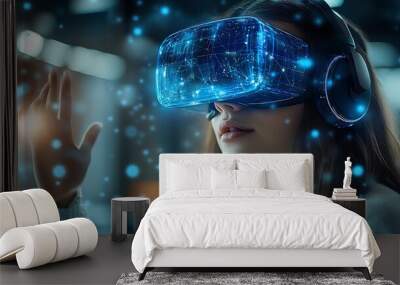  School student with VR headset using AI artificial intelligence technology & machine learning. Interactive technology in classroom. Innovation & smart tech. AI blue hologram in education Wall mural