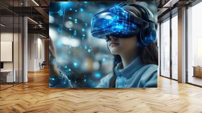  School student with VR headset using AI artificial intelligence technology & machine learning. Interactive technology in classroom. Innovation & smart tech. AI blue hologram in education Wall mural