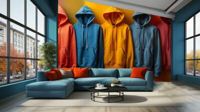  Several hoodies spread on colorful background  Wall mural