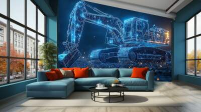  smart blue digital excavator, AI in construction site management systems, excavation planning algorithms, equipment maintenance schedules, and real-time monitoring for safety and efficiency design  Wall mural