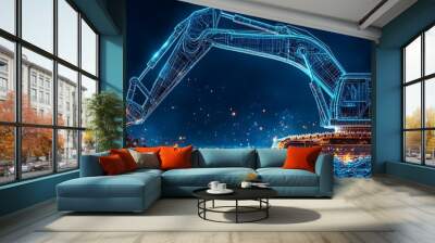  smart blue digital excavator, AI in construction site management systems, excavation planning algorithms, equipment maintenance schedules, and real-time monitoring for safety and efficiency design  Wall mural