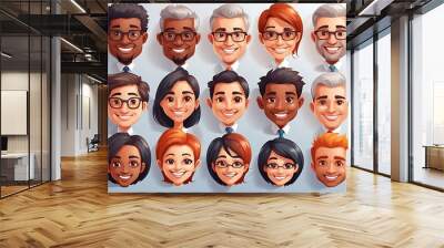  Smiling People Closeup Portrait Set Cute Cartoon Businessman Male and Female Avatars Multi-ethnic Man and Woman Faces Isolated on White Background  Wall mural