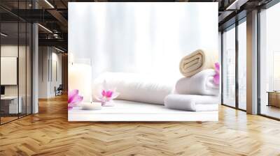  Spa background towel bathroom white luxury concept massage candle bath. Bathroom white wellness spa background towel relax aromatherapy flower accessory Zen therapy aroma beauty setting table salt oi Wall mural