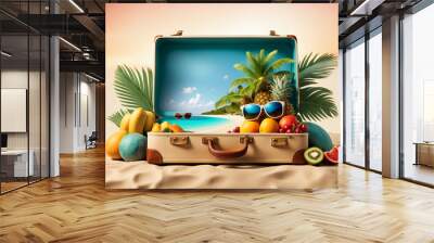  vacation travel time banner, open travel suitcase with an exotic destination inside with copy space area design.  Wall mural