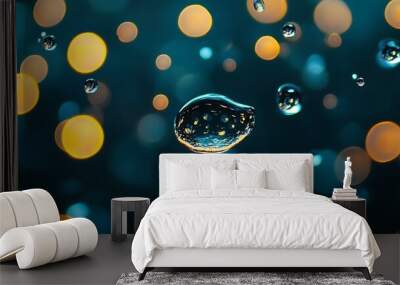  Water drops on a black background. Glass texture with droplets. Surface wet with dew. Abstract wallpaper in bubbles.  Wall mural