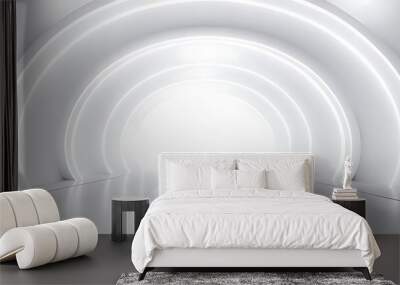  White background 3D room light abstract space technology tunnel stage floor. Empty white future 3D neon background studio futuristic corridor render modern interior silver road black wall design gray Wall mural