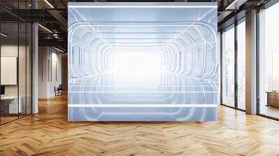  White background 3D room light abstract space technology tunnel stage floor. Empty white future 3D neon background studio futuristic corridor render modern interior silver road black wall design gray Wall mural