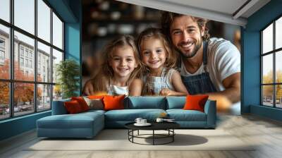  Young nuclear family making pancakes together. Parents and children in kitchen, preparing pancake batter, spending weekend day indoors.  Wall mural