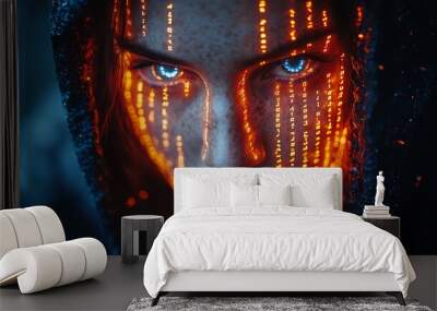 A blue digital hacker with glowing binary code, AI in cybersecurity systems, threat detection algorithms, penetration testing tools, and digital forensics analysis. cybercrime, cyber attack design, Wall mural