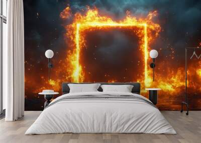 A bright, fiery frame of orange flames forms a glowing square against a dark, textured background. The intense fire contrasts the dark tiles, creating a dramatic, high-energy visual.  Wall mural