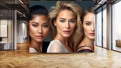 A diverse group of beautiful women with natural beauty and glowing smooth skin. Portrait of many attractive female fashion models with great skincare of all races, tones and style, Generative AI Wall mural