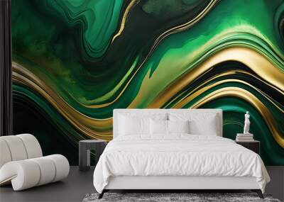 Background green gold abstract texture marble pattern liquid ink paint. Dark background green gold luxury stone wallpaper golden watercolor foil agate black art design emerald color fluid water moder	 Wall mural