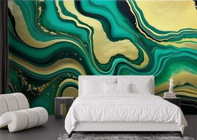 Background green gold abstract texture marble pattern liquid ink paint. Dark background green gold luxury stone wallpaper golden watercolor foil agate black art design emerald color fluid water moder	 Wall mural