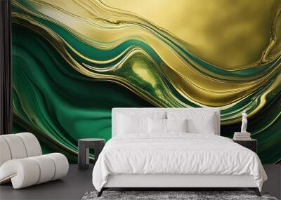 Background green gold abstract texture marble pattern liquid ink paint. Dark background green gold luxury stone wallpaper golden watercolor foil agate black art design emerald color fluid water moder Wall mural