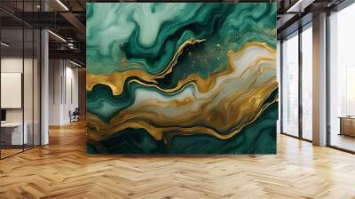 Background green gold abstract texture marble pattern liquid ink paint. Dark background green gold luxury stone wallpaper golden watercolor foil agate black art design emerald color fluid water moder	 Wall mural