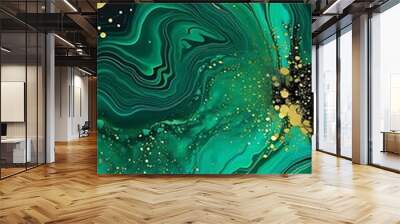 Background green gold abstract texture marble pattern liquid ink paint. Dark background green gold luxury stone wallpaper golden watercolor foil agate black art design emerald color fluid water moder	 Wall mural