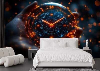 businessman holding a digital clock, holographic productivity tools, task lists, project timelines, and efficiency metrics, technology in optimizing time management design, Wall mural