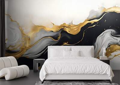 Gold abstract black marble background art paint pattern ink texture watercolor white fluid wall. Abstract liquid gold design luxury wallpaper nature black brush oil modern paper splash painting water	 Wall mural