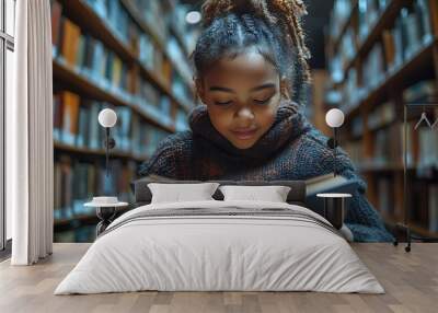 Happy young disabled mixed race school student in wheelchair reading a library book. African american child with disability learning. Inclusive & diverse education Wall mural