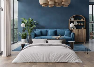 Home interior mockup with blue sofa wooden table and decor in blue living room
 Wall mural