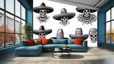 Set of Mexican sombrero in tattoo style isolated on white background. Design element for poster, t-shit, card, emblem, sign, badge. Wall mural