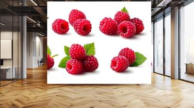 set of Raspberry , many angles and view side top front group pile heap isolated on white background cutout. Mockup template for artwork graphic design  Wall mural