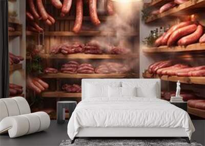 traditional food smoked sausages smokehouse sausage meat smoke house dried tradition delicious diet smoky beef hanging fat prepared larder calorie epicure pork pantry cookery store domestic spicey Wall mural