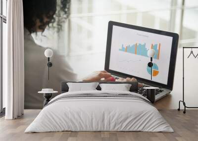 African businesswoman analyzing statistics on laptop screen, working with financial graphs charts online, using business software for data analysis and project management concept, rear close up view Wall mural