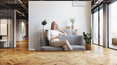 Aged woman sitting on couch holding remote control uses airconditioner Wall mural