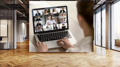 Back view of female employee engaged in web team meeting briefing using laptop at home, have webcam conference, woman worker talk on video call with diverse multiracial colleagues on computer Wall mural