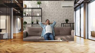 Calm man wearing glasses relaxing with closed eyes in room with air conditioner, sitting leaning back on cozy couch at home, breathing fresh air, satisfied customer enjoying comfortable temperature Wall mural