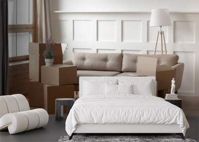 Cardboard boxes on cozy modern light living room Wall mural