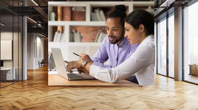 Close up confident Indian businesswoman mentor teaching African American intern, using laptop, pointing at computer screen, helping with corporate software, diverse colleagues working together Wall mural