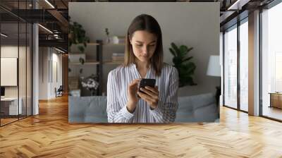 Close up focused woman using smartphone looking at screen, browsing apps, surfing internet, young female holding phone, chatting or shopping online, spending leisure time, standing at home Wall mural