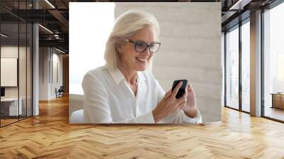 Close up happy attractive 60 years old businesswoman using smartphone and getting good news. Smiling mature woman user using mobile modern technology for online business chat. Wall mural