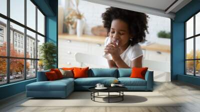 Close up image little mixed-race girl sitting at table in kitchen holding glass enjoy still or mineral water reduces thirst drinks clear aqua, healthy beverage, natural hydration body balance concept Wall mural