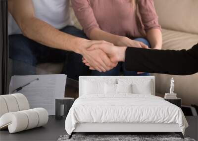 Close-up of man shaking hands with female banker after signing loan contract, health care insurance agreement, couple making deal on a matter of employment, advisory and consulting, tourist services Wall mural